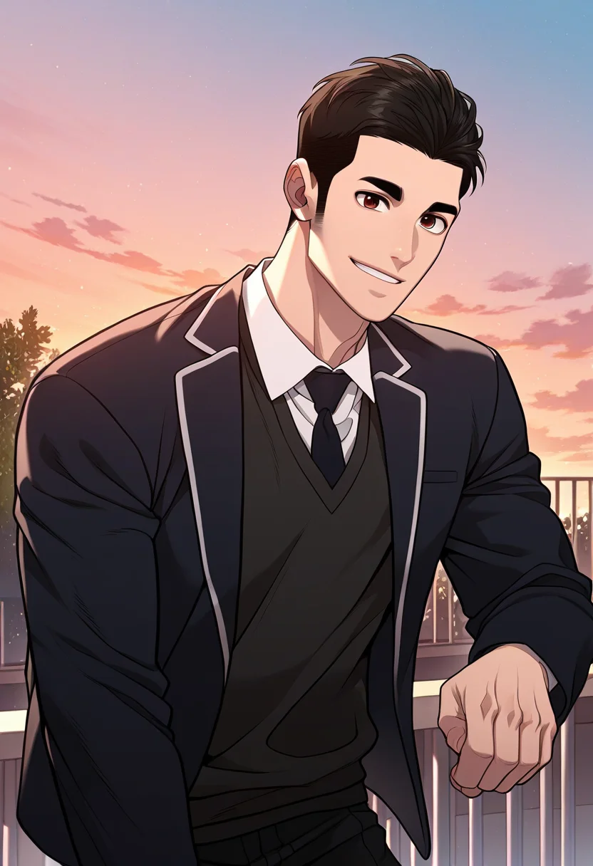 1boy, male focus, solo,
<lora:Character - Questism - Kang Sechan:1> kangsechan, black hair, brown eyes,
,((zPDXL)), score_9_up, score_8_up, score_7_up, score_6_up, score_5_up, score_4_up, best quality, amazing quality, best aesthetic, amazing aesthetic, absurdres, year2023, uncensored, very nsfw, official art, official style, detailed eye,
rooftop, school, outdoor, sky
school uniform,  blazer, black necktie, against railing, smile, looking at viewer,