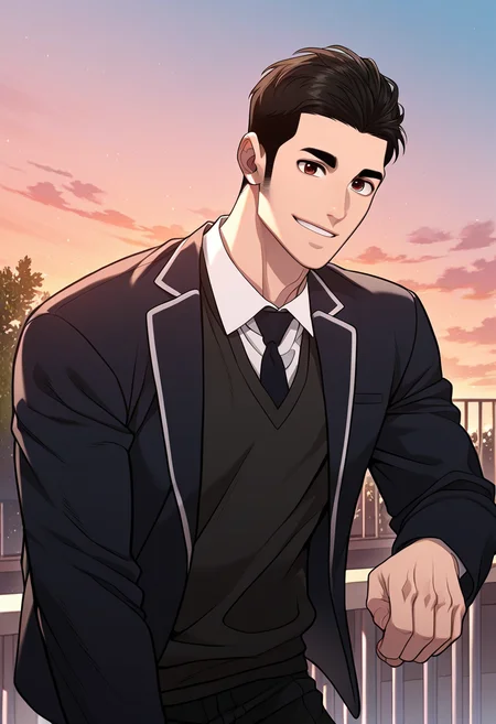 1boy, male focus, solo,
<lora:Character - Questism - Kang Sechan:1> kangsechan, black hair, brown eyes,
,((zPDXL)), score_9_up, score_8_up, score_7_up, score_6_up, score_5_up, score_4_up, best quality, amazing quality, best aesthetic, amazing aesthetic, absurdres, year2023, uncensored, very nsfw, official art, official style, detailed eye,
rooftop, school, outdoor, sky
school uniform, blazer, black necktie, against railing, smile, looking at viewer,