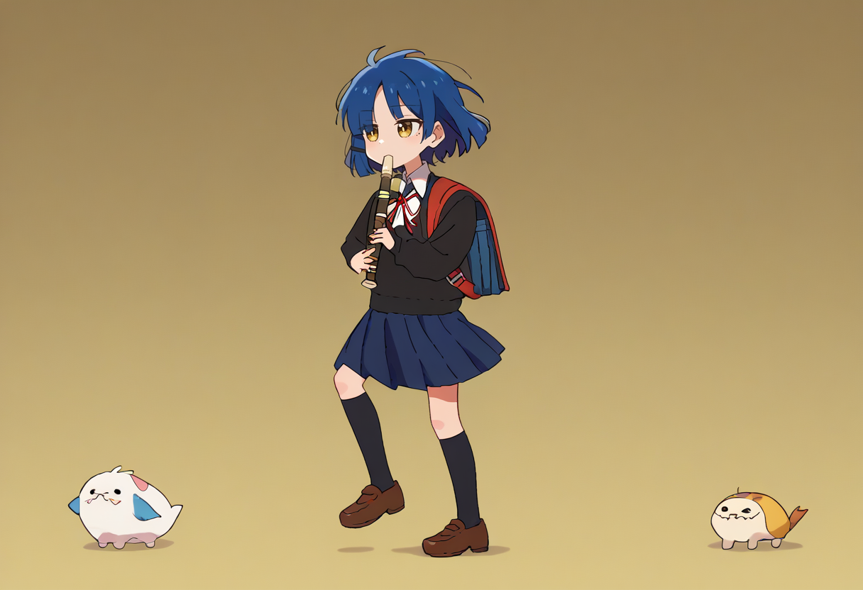 score_9, score_8_up, score_7_up, source_anime, simple background, yellow background, solo, 1girl, yamada ryo, mole under eye, kyoufuuallback, full body, holding flute, hairclip, shimokitazawa high school uniform, black sweater, long sleeves, white shirt, neck ribbon, blue skirt, pleated skirt <lora:concept_kyoufuuallback_ponyXL:1> <lora:bocchi_yamada_ponyXL:1>