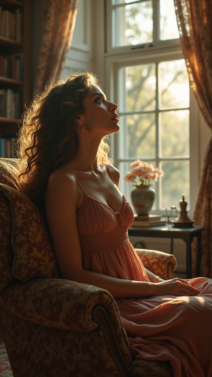 Elderly, In a Dainty living room, a woman with long curly hair and Armored Ruby eyes gazes up at the sky. She wears a flowing dress that billows in the gentle breeze. aidmafluxproultra
