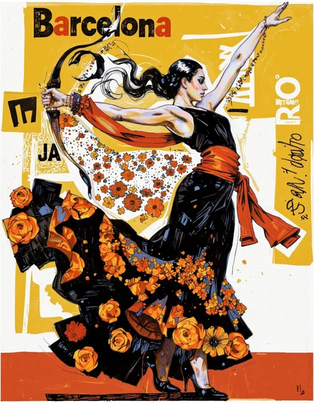 By Martin French. A vibrant and dynamic illustration of a woman performing a flamenco dance, captured from a profile angle. the woman, who appears to be in her mid-twenties, is wearing a long, flowing black dress with orange floral patterns and a red sash tied around her waist. her long, dark hair cascades down her back, and she has a serene expression on her face. her arms are stretched out to the sides, holding a bow and arrow, and her feet are planted firmly on the ground. the background of the image is a mix of yellow and orange, with abstract shapes and text, creating a visually striking contrast. the text on the background reads "barcelona" and "san padro, 7". the overall style of the illustration is reminiscent of modern art, with bold lines and vibrant colors that bring the scene to life. <lora:Martin_French:0.85>