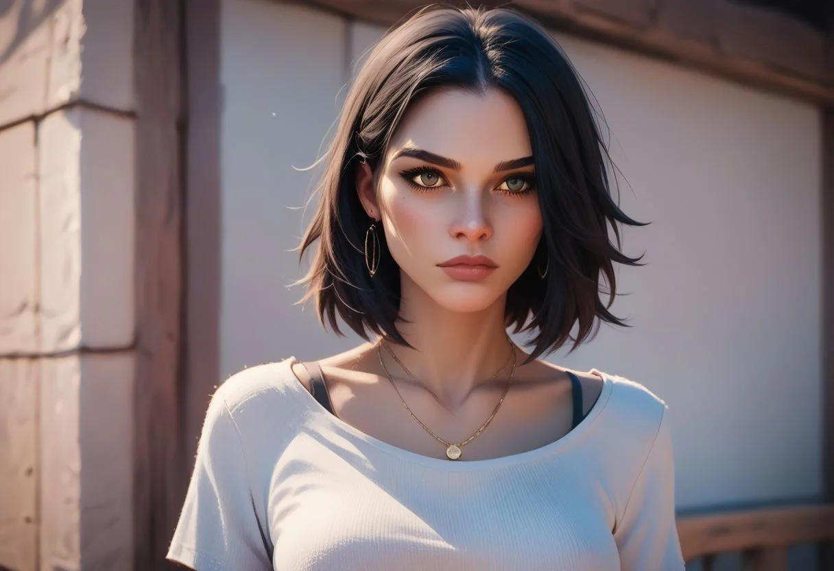 (18yo, white, dark hair, no makeup, twink, sissy, short, petite, medium breasts, cowboy) , in western town, detailed background, score_9, score_8_up, score_8_up, Expressiveh, realistic, hyper realistic