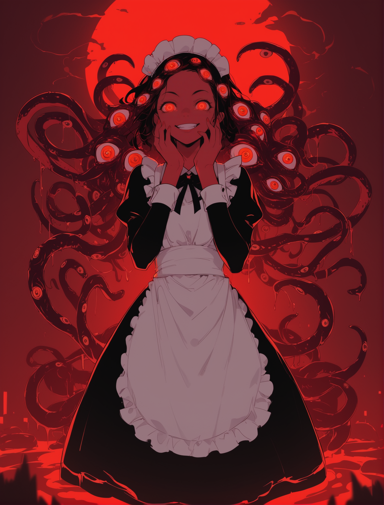 score_9, score_8_up, score_7_up, source_anime BREAK  (1girl),shizoeyes,glowing, red eyes, maid dress, liquid , ((extra eyes)),  , nerd,dynamic, smirk, tentacles hair, cel shading, red theme, neon, astract, <lora:eyes:0.95>