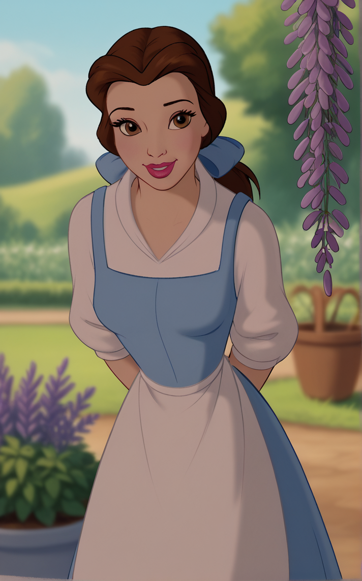score_9, score_8_up, score_7_up, absurdres, leaning forward, arms behind back, cowboy shot, garden, wisteria, outdoors, depth of field, solo, looking at viewer,   <lora:PONYXL_PRINCESS_Belle_ownwaifu:1>, BREAK BlueDress_Ponytail_Belle_ownwaifu, 1girl, brown hair, eyelashes, ponytail, blue bow, waist apron, white apron, hair bow, lipstick, long hair, breasts, brown eyes, lips, white shirt, blue dress, makeup, blue vest, red lips, sleeves rolled up, long sleeves, medium breasts, puffy sleeves,  pinafore dress, long dress, hair ribbon,<lora:add-detail-xl:0.15>,