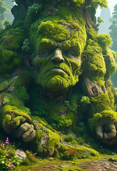 (Image of a partially moss-covered, very rocky earth golem with large trees growing on its back tending to a bright flower bed),
BREAK
Masterpiece, 8k, sharp image, highest-quality, intricate details, highly detailed, micro-details, micro-details within the micro-details, sharp edges, detailed textures, wide angle, cinematic view, full view, atmospheric lighting, visually stunning, high contrast, fantasy, 1image, trending on artstation