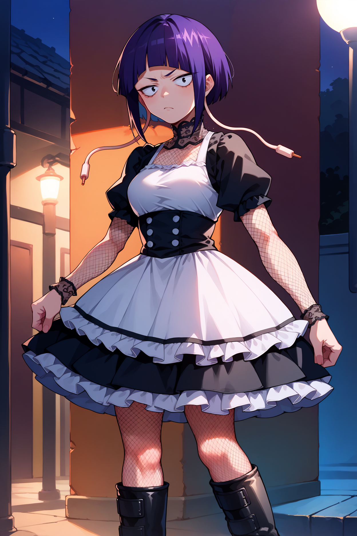 score_9, score_8_up, score_7_up, score_6_up, source_anime, 1girl, solo  <lora:kyoukajiro-pdxl-nvwls-v1-000006:1> bnhakj, black hair, purple hair, short hair, blunt bangs, black eyes, audio jack, long earlobes, medium breasts, gothic dress, frills, black and white dress, black boots, looking at you, annoyed, fishnets, night, autumn, standing, black skirt,