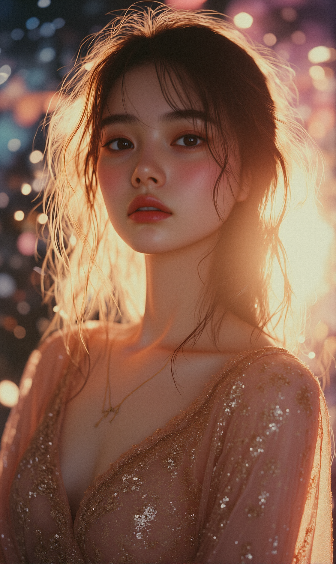 A photorealistic depiction of A gorgeous woman, OBbllai with light brown eyes and asymmetrical golden hair, her glossy lips and skin meticulously detailed. She wears a glittering, intricately designed dress, The background is a dimly lit galaxy backdrop filled with swirling particles, wind, and flowers. Her divine aura and voluptuous body are highlighted beautifully.

Visual Aesthetics:
Subtle underlighting, making her face appear more mysterious and divine.
Glossy lip reflections, catching the faint light in the dim galaxy backdrop.
Nebulae swirling in the background, with soft hues of pink and purple.
Sparkling particles of space dust, twinkling softly around her.
Gentle wind moving her short hair, giving a soft, natural motion.
Layered chiffon dress, each layer catching the light differently.
Detailed iris patterns, capturing the light and swirling galaxy in her eyes.
Intricate gold patterns on her dress, glowing faintly in the low light.
Detailed highlights on her hair strands, reflecting the galaxy's light.
Dim galaxy light, with soft glows from distant stars.
Dim lighting enhancing the shadows, creating depth while keeping the focus on her.

standing With one hand extended forward, as if she's gently pushing the swirling particles away, her expression calm and focused.






















