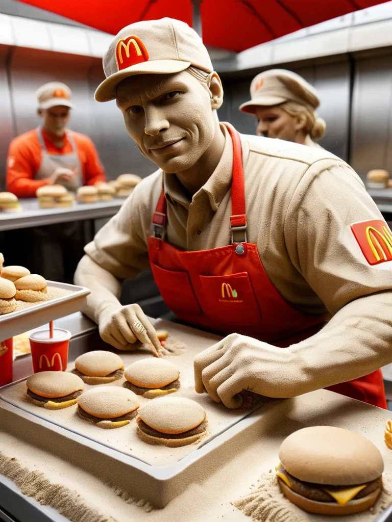 ral-sand, mc donalds worker giving out hamburgers <lora:ral-sand-sdxl:1>