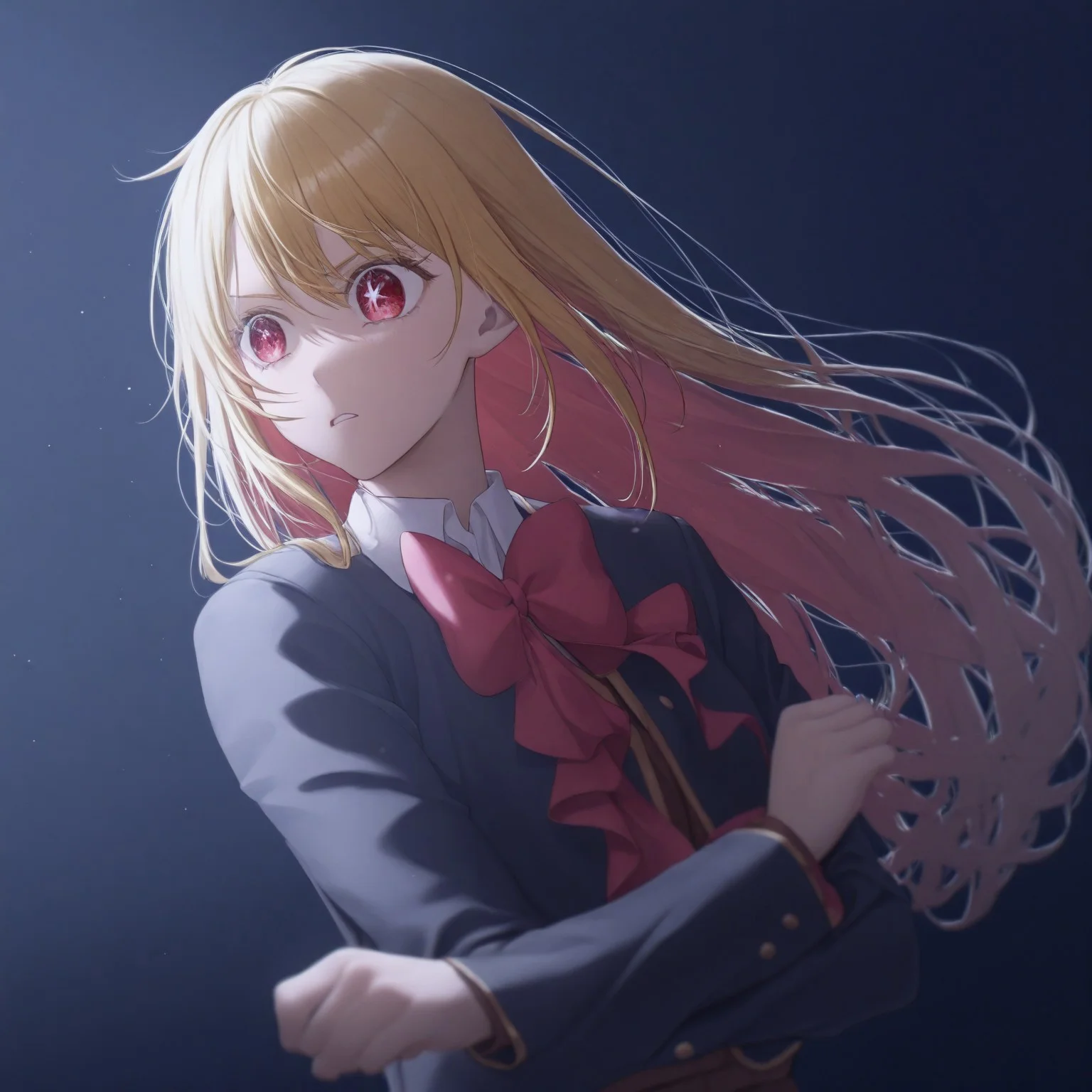 detailed, sinfully stylish, dramatic lighting, long shadows, soft light, anime, 1girl, Ruby, blonde hair, red eyes, star eyes, school uniform