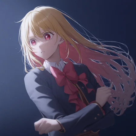 detailed, sinfully stylish, dramatic lighting, long shadows, soft light, anime, 1girl, Ruby, blonde hair, red eyes, star eyes, school uniform