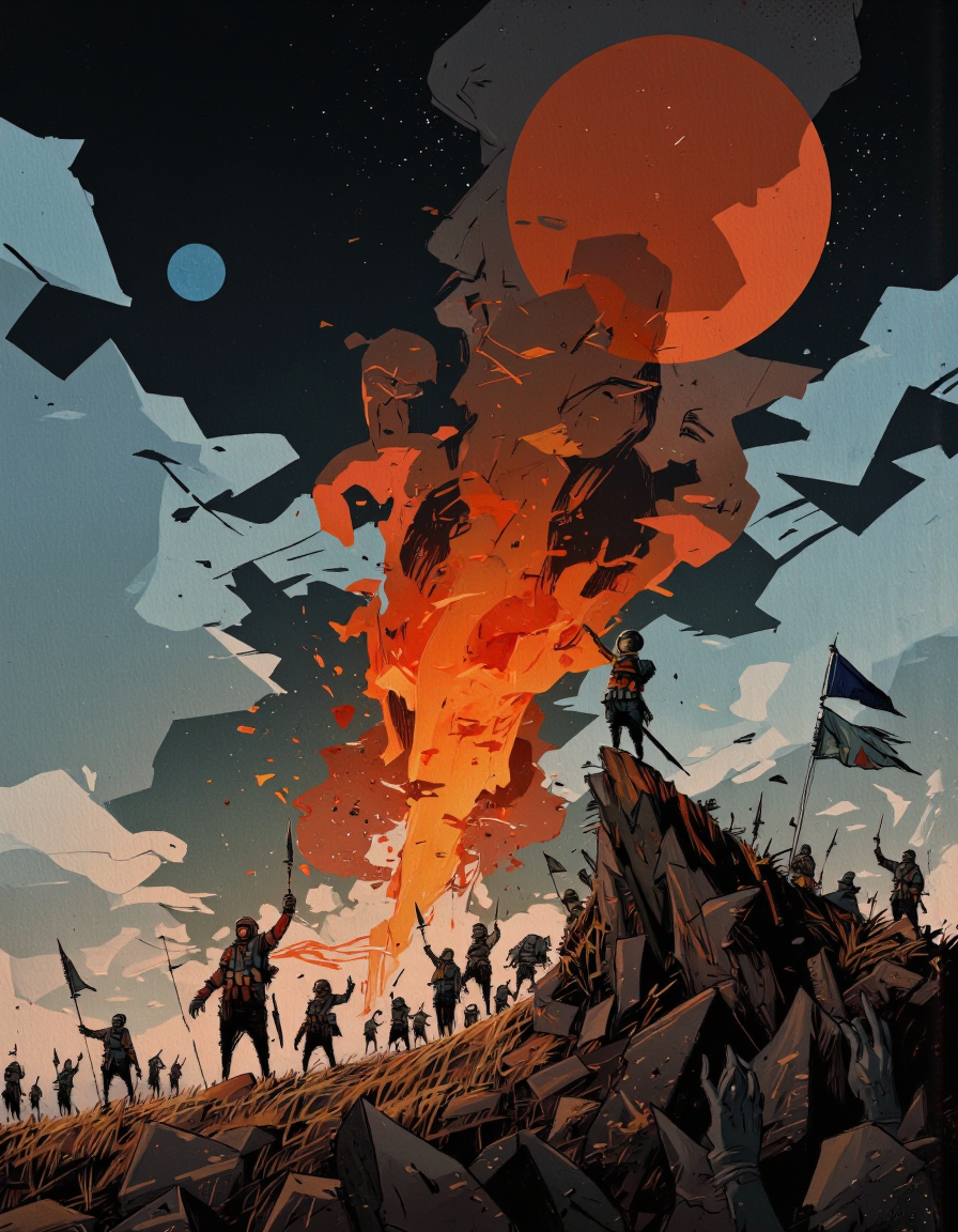 By Alex Vede. A digital illustration shoot from a straight-on camera angle about a chaotic scene depicting a large group of soldiers standing on top of a hill with their hands raised in the air, watching a large, erupting volcano erupting in the background. the scene is set against a backdrop of a dark, smoky sky with a large plume of orange and red lava. the soldiers are silhouetted against the sky, and some of them are holding spears and other weapons. in the center of the image, a small, humanoid figure with a helmet and armor stands on the top of the hill, facing the viewer with a determined expression. to the left of the figure, a larger, more menacing figure is standing with its arms raised, holding a spear. the overall atmosphere is tense and chaotic, with the soldiers and the volcano creating a sense of tension and chaos.
solo, 1boy, holding, standing, weapon, full body, outdoors, sky, day, cloud, weapon on back, arms up, no humans, holding weapon, salute, smoke, full moon, soldiers, helmet, helmet on head, holding flag, crowd, science fiction, gas mask