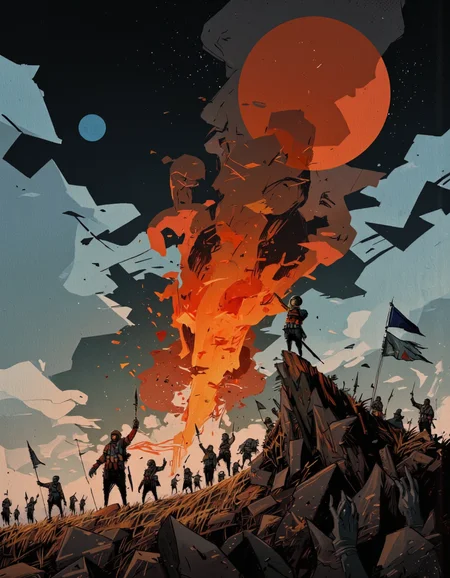 By Alex Vede. A digital illustration shoot from a straight-on camera angle about a chaotic scene depicting a large group of soldiers standing on top of a hill with their hands raised in the air, watching a large, erupting volcano erupting in the background. the scene is set against a backdrop of a dark, smoky sky with a large plume of orange and red lava. the soldiers are silhouetted against the sky, and some of them are holding spears and other weapons. in the center of the image, a small, humanoid figure with a helmet and armor stands on the top of the hill, facing the viewer with a determined expression. to the left of the figure, a larger, more menacing figure is standing with its arms raised, holding a spear. the overall atmosphere is tense and chaotic, with the soldiers and the volcano creating a sense of tension and chaos.
solo, 1boy, holding, standing, weapon, full body, outdoors, sky, day, cloud, weapon on back, arms up, no humans, holding weapon, salute, smoke, full moon, soldiers, helmet, helmet on head, holding flag, crowd, science fiction, gas mask