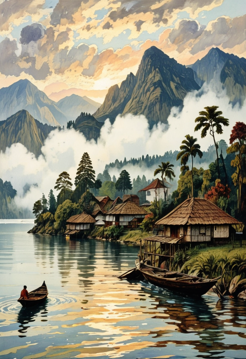 Mist over Lake Toba at dawn with Batak houses on the shore., in memadukan_painter art style, 19th century indies vintage illustration by Auguste van Pers, painting