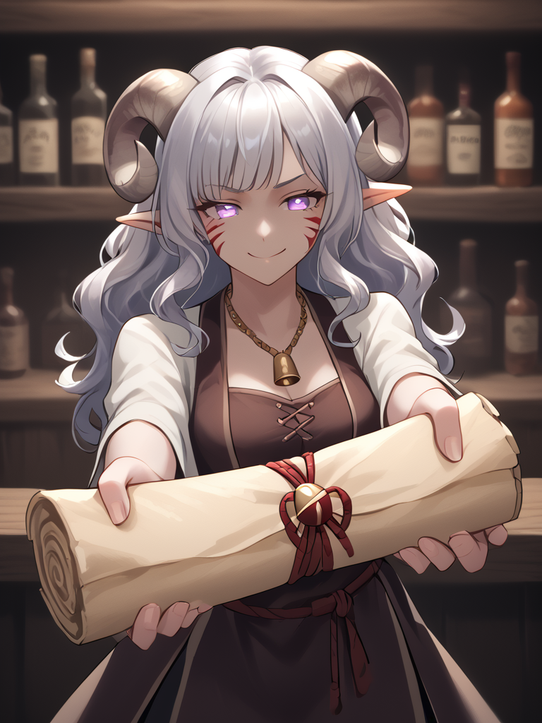 source_furry, score_7_up, rating_safe, cowboy shot, close up, source_anime,anime face,<lora:whisker_markings:0.8>red whisker_markings, silver long wavy hair, tavern, bell necklace, short pointy ears, purple eyes, <lora:age_slider_v4:0.6>
<lora:Tieflingnew weird fantasyDND:0.3><lora:Smooth Style 2 SDXL_LoRA_Pony Diffusion V6 XL:0.3> smile, open eyes, 
<lora:Test_Diana:0.8> tiefling_bard_diana, <lora:INKxXmo shaded face:0.8> Shaded Face:1.2,INKxXmo Dark Theme, 
 <lora:sealed_scroll:0.7> sealed_scroll:1.6, holding sealed_scroll, outstretched arms, standing, palm,