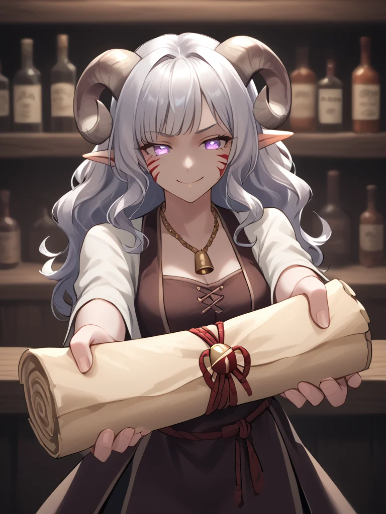 source_furry, score_7_up, rating_safe, cowboy shot, close up, source_anime,anime face,<lora:whisker_markings:0.8>red whisker_markings, silver long wavy hair, tavern, bell necklace, short pointy ears, purple eyes, <lora:age_slider_v4:0.6>
<lora:Tieflingnew weird fantasyDND:0.3><lora:Smooth Style 2 SDXL_LoRA_Pony Diffusion V6 XL:0.3> smile, open eyes,
<lora:Test_Diana:0.8> tiefling_bard_diana, <lora:INKxXmo shaded face:0.8> Shaded Face:1.2,INKxXmo Dark Theme,
<lora:sealed_scroll:0.7> sealed_scroll:1.6, holding sealed_scroll, outstretched arms, standing, palm,