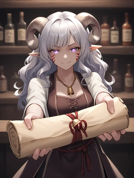 source_furry, score_7_up, rating_safe, cowboy shot, close up, source_anime,anime face,<lora:whisker_markings:0.8>red whisker_markings, silver long wavy hair, tavern, bell necklace, short pointy ears, purple eyes, <lora:age_slider_v4:0.6>
<lora:Tieflingnew weird fantasyDND:0.3><lora:Smooth Style 2 SDXL_LoRA_Pony Diffusion V6 XL:0.3> smile, open eyes,
<lora:Test_Diana:0.8> tiefling_bard_diana, <lora:INKxXmo shaded face:0.8> Shaded Face:1.2,INKxXmo Dark Theme,
<lora:sealed_scroll:0.7> sealed_scroll:1.6, holding sealed_scroll, outstretched arms, standing, palm,