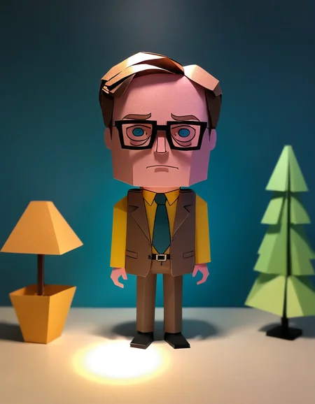 made out of ral-ppr, papercraft, paper, Dwight Schrute, <lora:ral-ppr-sdxl:0.7>, cute, ambient light, complimentary colors, original, dynamic dramatic beautiful full taking, intricate artistic color, exquisite color, highly detailed, dynamic background, ambient, sublime, cinematic atmosphere