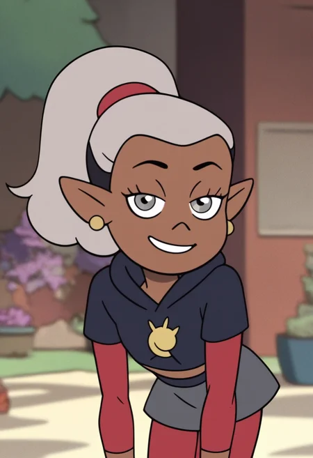score_9, score_8_up, score_7_up, score_6_up, score_5_up, 1girl, solo,
masterpiece, best quality, absurdes,
<lora:Skara (The Owl House) (Pony):0.9>
Skara_Owl_House, dark-skinned female, silver eyes, ponytail, multicolored hair, white hair, black hair,
gray shirt, gray skirt, red sleeves, red leggings,
grin, smile,
outdoors, looking at viewer, 3/4 angle,
<lora:Expressive_H:0.7> Expressiveh,
<lora:add-detail-xl:0.9>