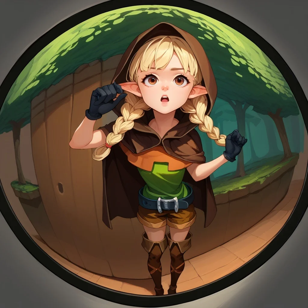 score_9,score_8_up,score_7_up,fisheye,dcElf, light blonde hair, brown eyes, twin braids, hood, brown cloak, green tunic, black gloves, belt, brown shorts, thigh boots, forest, upper body, knocking,
<lora:door_fisheye_v1:1> <lora:dcelf-pdxl-nvwls-v1:1>