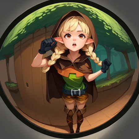 score_9,score_8_up,score_7_up,fisheye,dcElf, light blonde hair, brown eyes, twin braids, hood, brown cloak, green tunic, black gloves, belt, brown shorts, thigh boots, forest, upper body, knocking,
<lora:door_fisheye_v1:1> <lora:dcelf-pdxl-nvwls-v1:1>