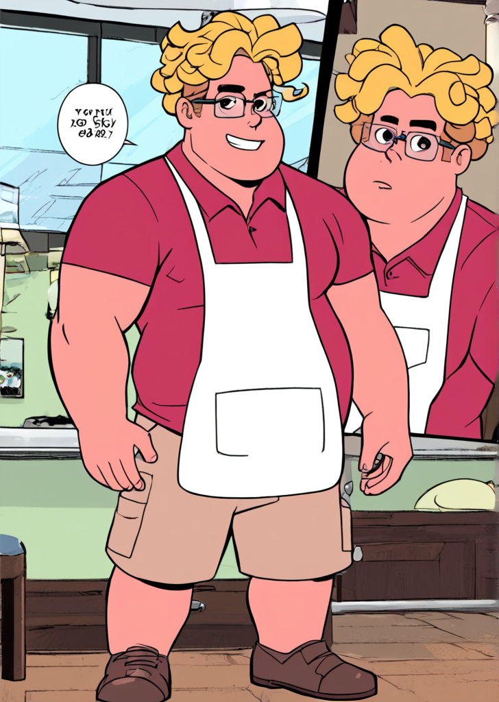 1boy, solo male, front view , looking at the viewer, full body, khaki shorts, apron, red shirt,
<lora:ronfryman:0.7> ronfryman, ronaldo fryman, long curled hair, blonde, chubby, masculine, male, glasses, fat,, ,score_9, score_8_up,, <lora:pepelarrazstylexl:0.5> pepelarrazstylexl, comic book style, art by jonathan hickman, 2d art,<lora:Pepe_Larraz-000006:0.5> pepe larraz style, pepe larraz, art by jonathan hickman, 2d art,, <lora:Expressive_H:1> Expressiveh, <lora:add_details_xl:1> more detail, <lora:WildcardX-XL-Detail-Enhancer:1>