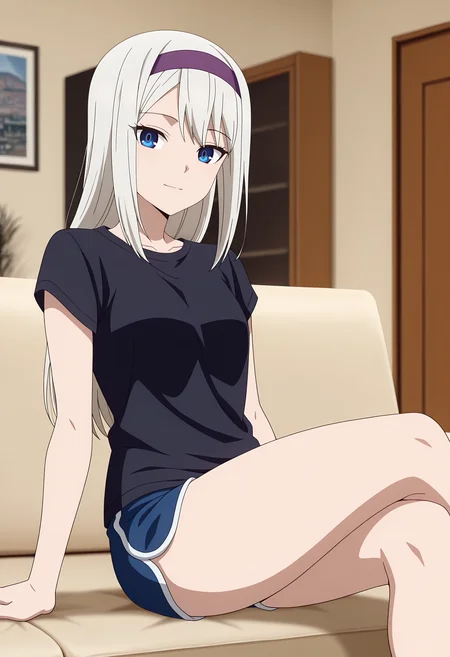 anime screencap, masterpiece, best quality,
<lora:Kaguya-samaWaKokurasetai_ShiroganeKei_IlluXL:0.9>,
1girl, solo, closed mouth, light smile,
long hair, grey hair, blue eyes, purple hairband,
t-shirt, black shirt, short sleeves, dolphin shorts, blue shorts,
sitting, on couch, crossed legs, looking at viewer, cowboy shot,
indoors, living room, photo background, blurry background