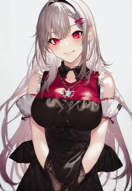 1girl, by kayahara, smile, long hair, dark dress, upper body,  red pendant <lora:kayahara-v1-8k-lora:2>