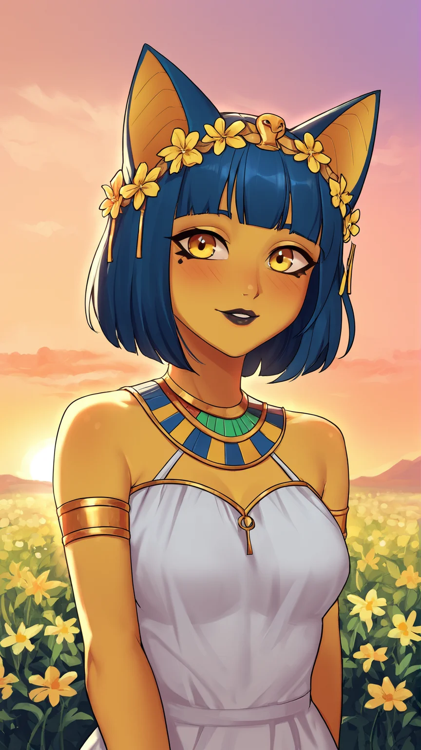 score_9, score_8_up, score_7_up,
best quality, masterpiece, ultra detailed,
looking at the viewer, looking at the camera,
portrait,
light smile, blush,
anhk, egyptian, cat girl, yellow skin, blue hair, yellow tail, yellow ears,
black eyeliner cat eye,
black lips,
lace cute dress, wreath of flowers on the head,
sunset, warm light, cozy, sky, clouds,
amazing background, outdoors,
<lora:Everlasting_Summer_Vanilla_Art_Style_by_GraffMetal:1>,