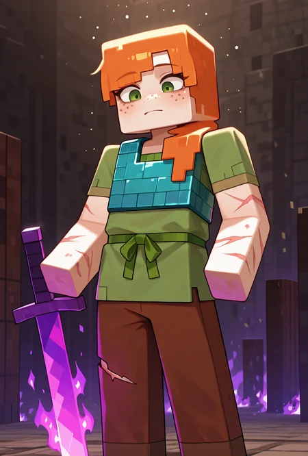 <lora:alexmc-05:1> alexmc, orange hair, 1girl, solo, green eyes, long green shirt, brown pants, short sleeves, freckles, square arms, square body, green waist ribbon, minecraft end, minecraft end dimension, long tall black pillars in the background, fighting black dragon, purple fire, purple sword, blue chest plate armor, scars, injury,, masterpiece, best quality, amazing quality, very aesthetic, absurdres, newest,