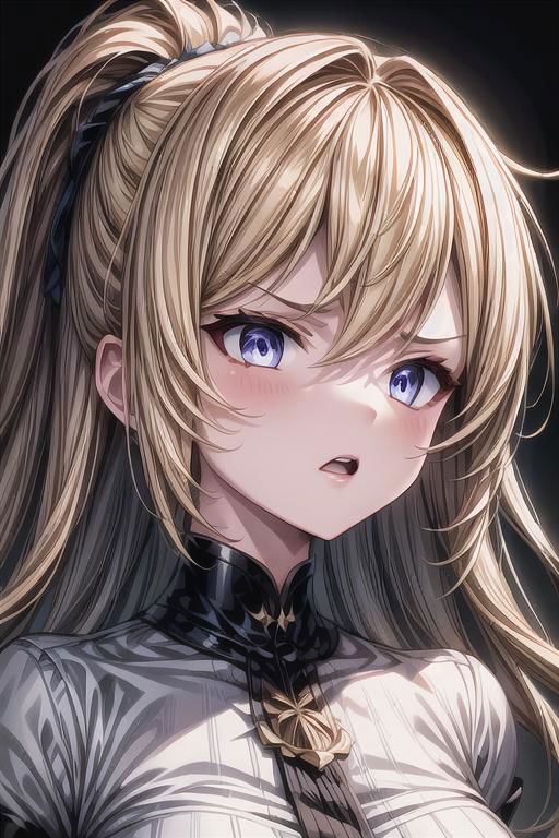 (masterpiece),
Luna,
1girl, blonde, floating hair,
white shirt,
 upper body shot, 
 HDR, highly detailed, 32k,
 black background, anger mood, 
perfect face feature,