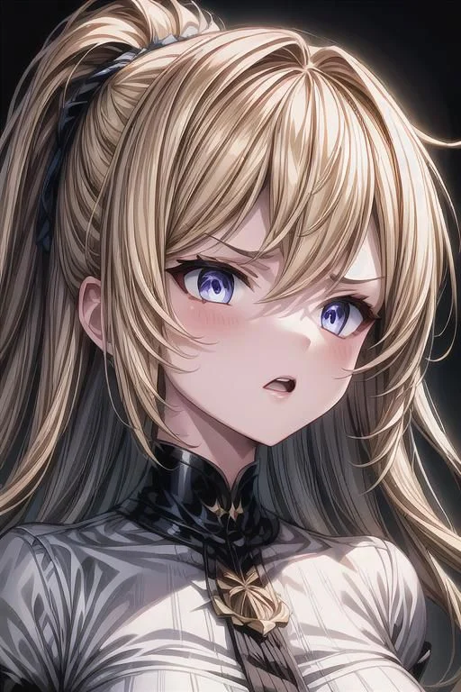 (masterpiece),
Luna,
1girl, blonde, floating hair,
white shirt,
upper body shot,
HDR, highly detailed, 32k,
black background, anger mood,
perfect face feature,