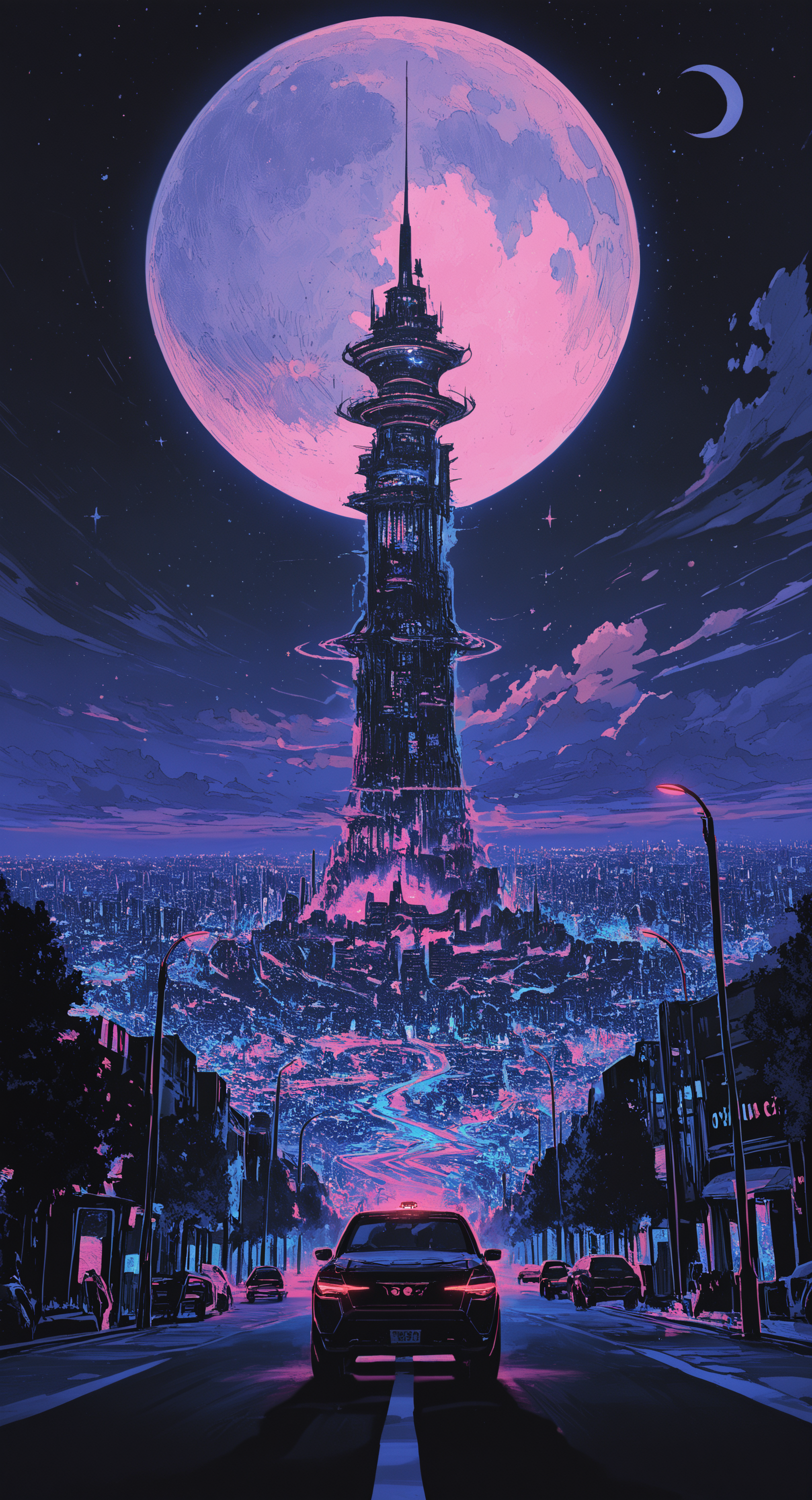 masterpiece, best quality, good quality, very awa, newest, highres, absurdres, outdoors, sky, cloud, no humans, night, shadow, moon, building, star \(sky\), night sky, scenery, motor vehicle, full moon, science fiction, starry sky, city, car, road, cityscape, lamppost, street, tower, spacecraft, truck, huge moon, limited palette, sketch, glowing, psychedelic, <lora:illustriousXL_stabilizer_v1.23:0.3> <lora:NOOB_vp1_detailer_by_volnovik_v1:0.3> <lora:ponyv6_noobE11_2_adamW-000017:0.3> <lora:114558v4df2fsdf5:0.7> <lora:mon_monmon2133:0.6>