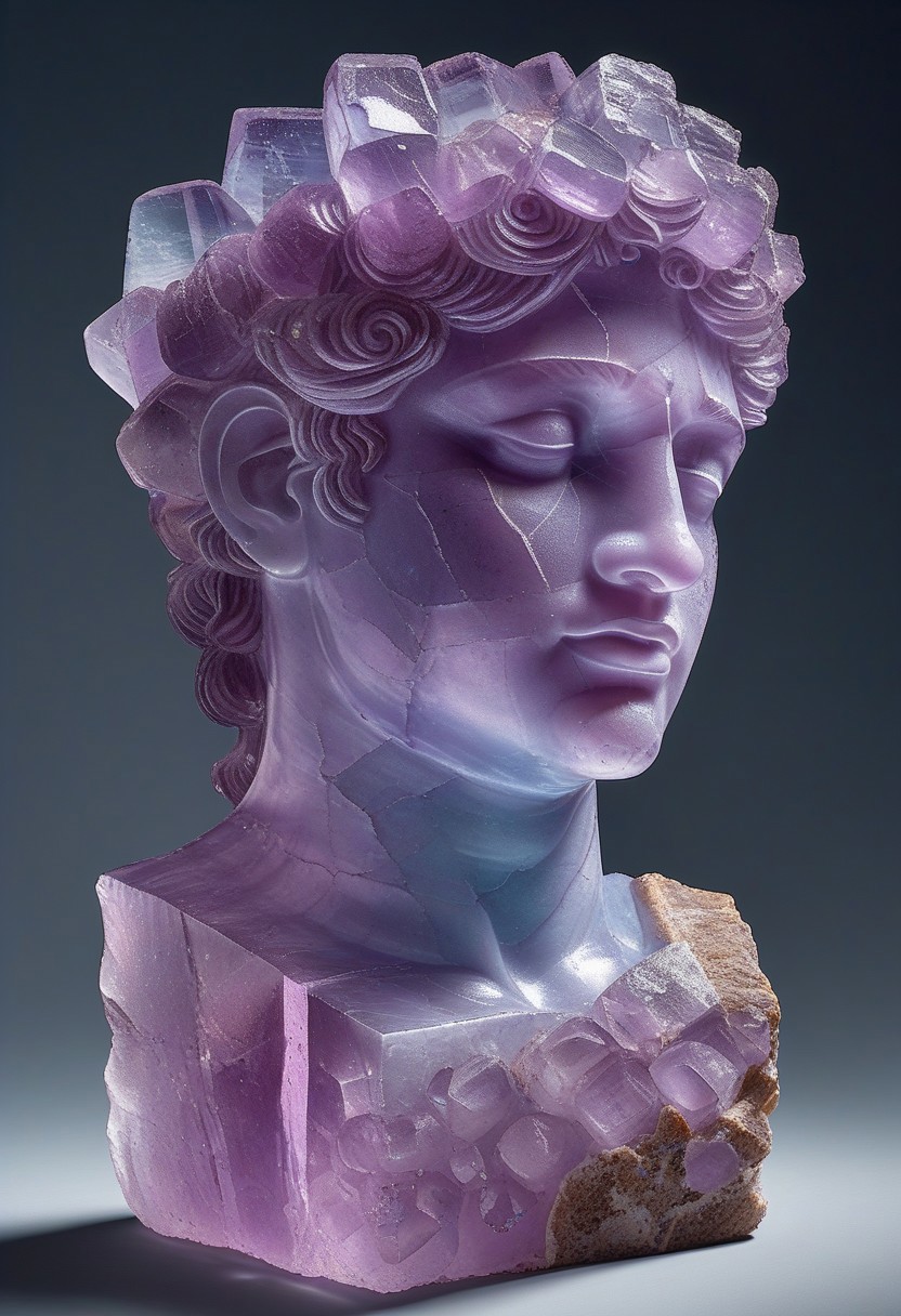fluorite mineral, radiant, human sculpture, Greek style, Roman style