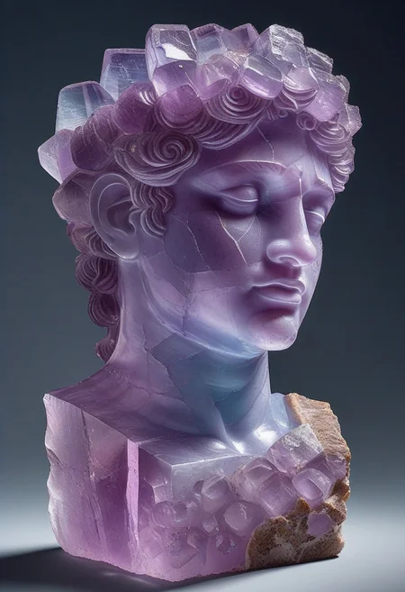 fluorite mineral, radiant, human sculpture, Greek style, Roman style