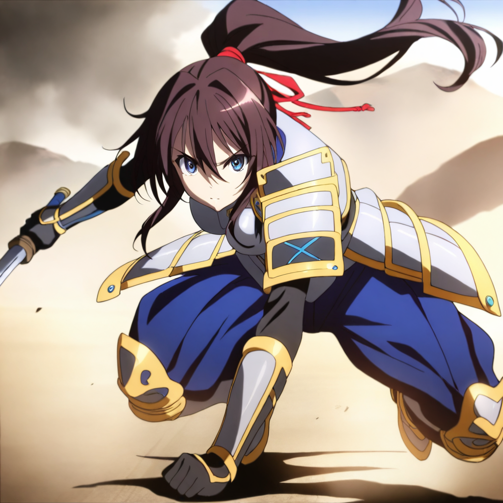 solo,anime coloring,looking at viewer,masterpiece,high score,great score,absurdres,armor,<lora:ShibataKatsuie ag4o:1> shibatakatsuie, brown hair, ponytail, blue eyes,full body,holding weapon,