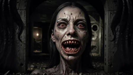 Terrifying monster emerging from a dark portal, horror, detailed, hyperrealistic, nightmare fuel, dark and eerie atmosphere, monstrous claws, extreme closeup of eyes, cinematic, concept art, 4k resolution, unsettling, haunting, digital painting