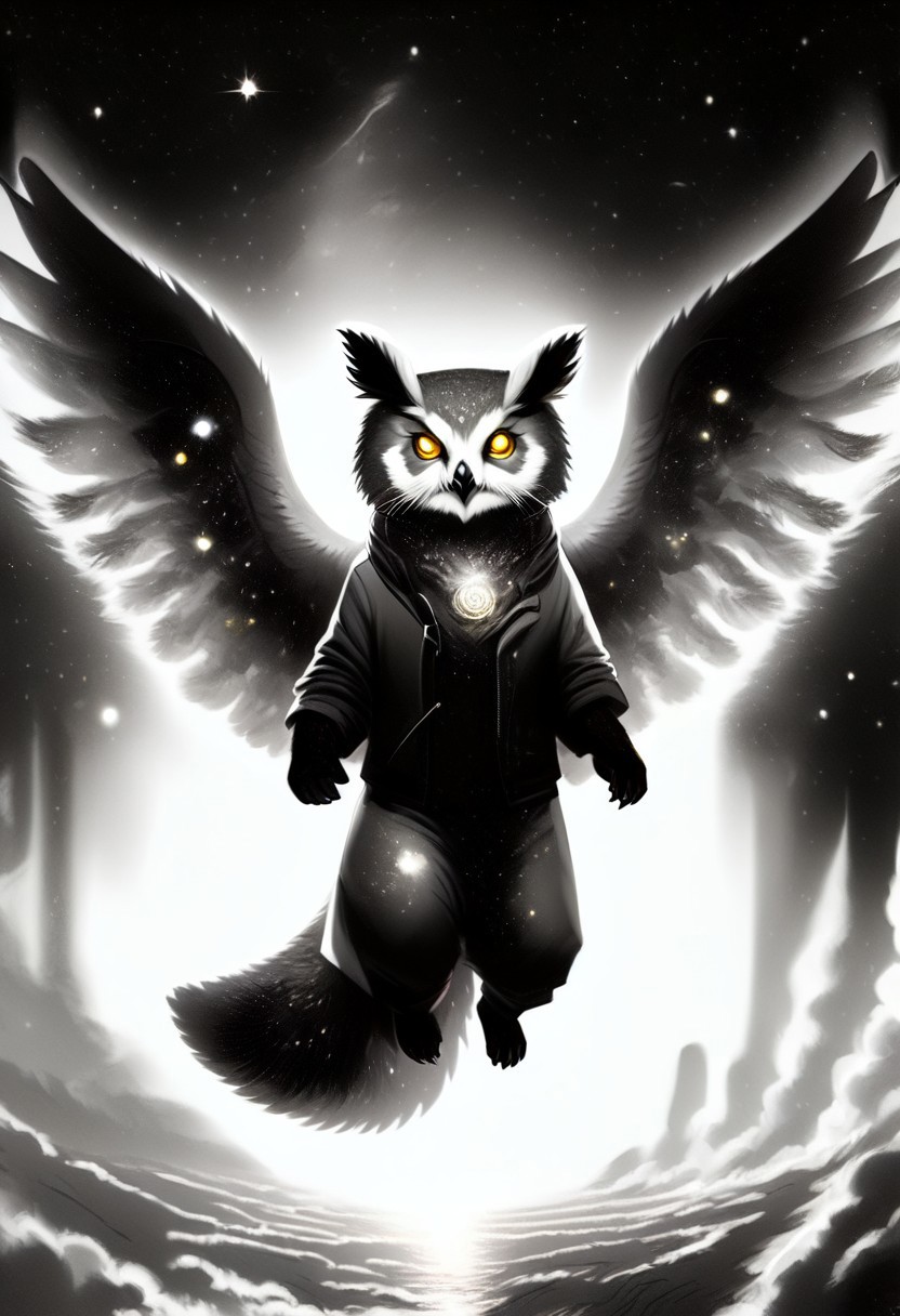 Score_9, Score_8_up, Score_7_up, lora:Navi_Celestial_Skin_PonyXL:1.1 nv-celestialskin, redpandafolk, rabbitfolk, owlfolk, foxfolk, sketch, monochrome, greyscale, YR_GradLight, 0u73r5p4c3, space, planet, nebula, galaxy, asteroid, GalaxyTelepurteSDXL, StarrySkies, scenery, stars (sky), background, night sky, vibrant colored skin, void cosmic body, deep black skin, ethereal silhouette, nebula patterns, animal theme focus, majestic owl