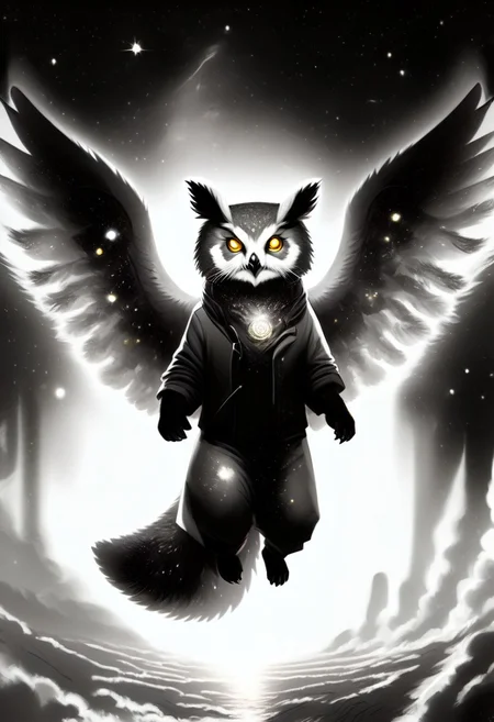 Score_9, Score_8_up, Score_7_up, lora:Navi_Celestial_Skin_PonyXL:1.1 nv-celestialskin, redpandafolk, rabbitfolk, owlfolk, foxfolk, sketch, monochrome, greyscale, YR_GradLight, 0u73r5p4c3, space, planet, nebula, galaxy, asteroid, GalaxyTelepurteSDXL, StarrySkies, scenery, stars (sky), background, night sky, vibrant colored skin, void cosmic body, deep black skin, ethereal silhouette, nebula patterns, animal theme focus, majestic owl
