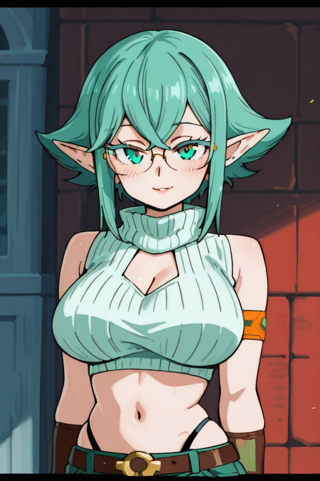 PonyScores, score_9, score_8_up, score_7_up, 1girl, solo, (Sylphid), Sylphid_(Salaryman ga Isekai ni Ittara Shitennou ni Natta Hanashi), ass, athletic, athletic female, sexy, seductive, (iper detail eyes), (ultra detailed eyes), (looking at viewer),  close up, seductive smile, (intricate eyes), (looking at viewer), (pretty eyes), (intricate iris), (perfect lips), (perfect eyes), expressive eyes, cinematic shadow, character focus, detailed skins, perfect hands, big breasts, large breasts, sexy, seductive, body blush, cowboy shot, sidelocks, sylphid, elf, long pointy ears, aqua hair, flipped hair, bangs, aqua eyes, aqua eyelashes, sylphiddress, glasses, open-chest sweater, turtleneck sweater, sleeveless, asymmetrical brown elbow gloves, brown armband, green fingerless gloves, gold bracelet, midriff, navel, highleg panties,belt, green shorts, black legwear, dynamic pose, outdoors background, <lora:SylphidIllustriousApexAi:1>, <lora:DragonBall:1>, drgnbll,