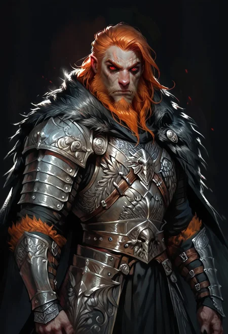 score_9, score_8_up, score_7_up, (anthropomorphic bat), Pipistrellus, (bat), (male bat), (vampire), (werebat), simple background, dark background, red eyes, menacing look, black outfit, pale skin, black wings, solo, hairy, long beard, dark heavy armour, black medieval armour, black chainmail, mythril armour, elven ornaments, fur cloak, standing up straight, calm face, ginger hair, closed mouth, cowboy shot