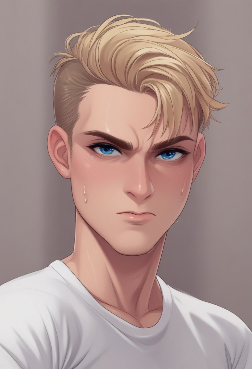 score_9, score_8_up, score_7_up, score_6_up, TSMPK Style, 1guy, solo,blonde hair, looking at viewer, closed mouth, white T-shirt, grey sweatpants, blue eyes, fair skin, upper body,
