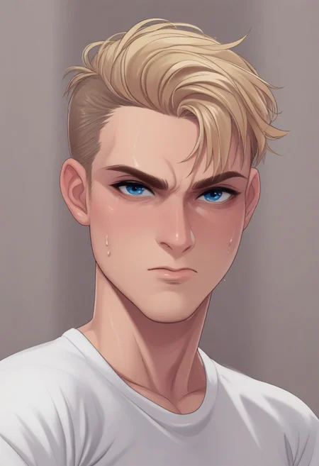 score_9, score_8_up, score_7_up, score_6_up, TSMPK Style, 1guy, solo,blonde hair, looking at viewer, closed mouth, white T-shirt, grey sweatpants, blue eyes, fair skin, upper body,