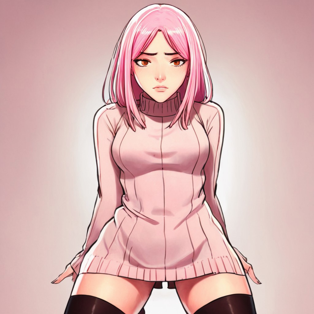 1female, full body, illustrative, anime style, pink hair, amber eyes, woman wearing sleefest with mini skirt bottom. matching stockings, turtleneck, midriff, crop top, living room