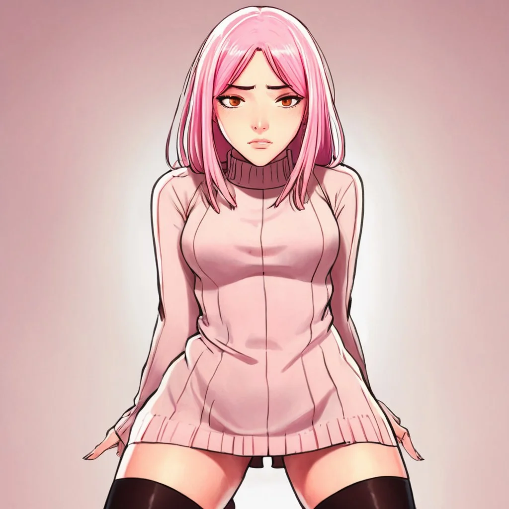 1female, full body, illustrative, anime style, pink hair, amber eyes, woman wearing sleefest with mini skirt bottom. matching stockings, turtleneck, midriff, crop top, living room