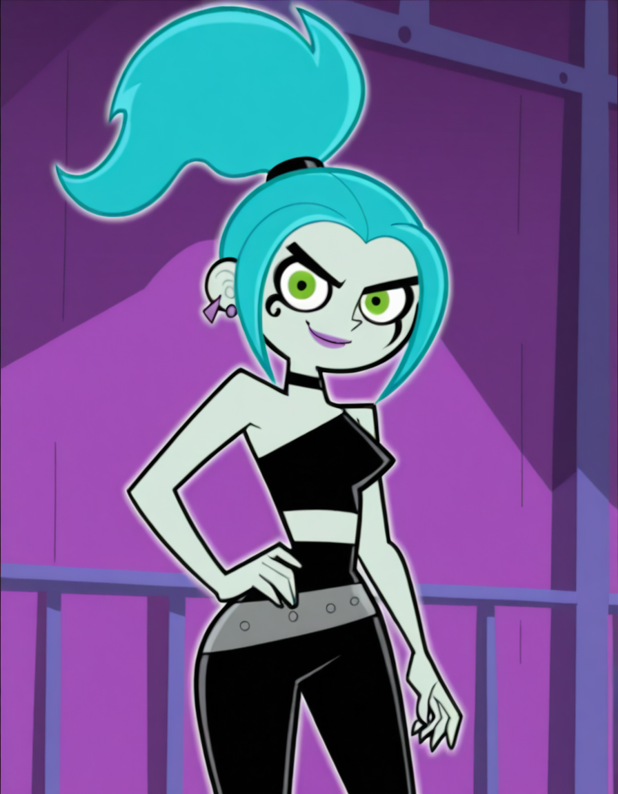 <lora:Ember_McLainIllustrious1.0JLFO:1> emberm, 1girl, blue hair, earrings, jewelry, ponytail, makeup, green eyes, solo, smile, lipstick, colored skin, choker, looking at viewer, hand on own hip, cowboy shot,, masterpiece, best quality, amazing quality, very aesthetic, absurdres
