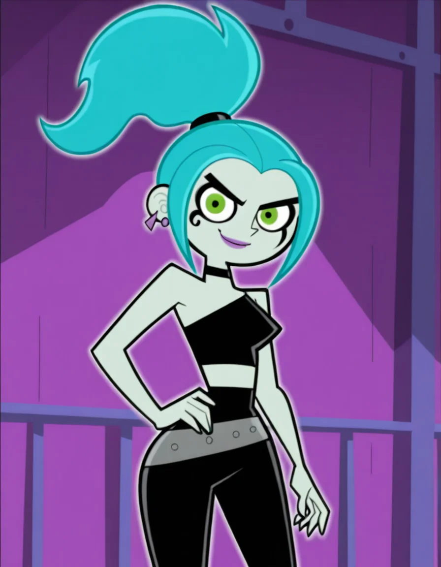 <lora:Ember_McLainIllustrious1.0JLFO:1> emberm, 1girl, blue hair, earrings, jewelry, ponytail, makeup, green eyes, solo, smile, lipstick, colored skin, choker, looking at viewer, hand on own hip, cowboy shot,, masterpiece, best quality, amazing quality, very aesthetic, absurdres