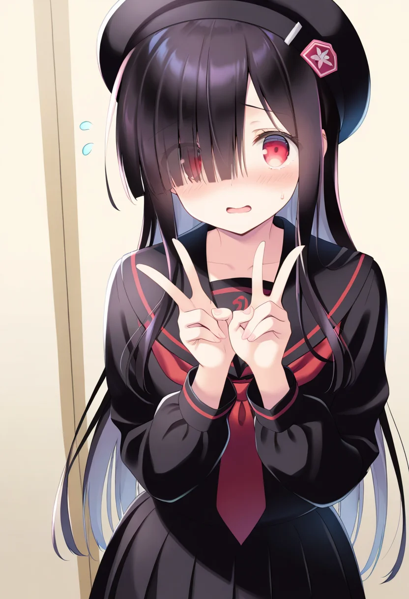 (masterpiece,best quality,ultra_detailed,highres,absurdres:1.2,amazing quality,very aesthetic),<lora:mob_ilxl_v1-000009:0.8>,mob,1girl,solo,black serafuku,red necktie,black skirt,upper body,v,open mouth,shy,red eyes,long hair,black hair,hair over one eye,looking at viewer,standing,sweatdrop,scared,hat,skirt,
