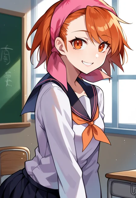 score_9, score_8_up, score_7_up, source_anime, BREAK, solo, 1girl, smile, looking at viewer, <lora:Yuzu-pdxl_Fp:1>, yuzudesu, orange hair, orange eyes, short hair, bandana, white school uniform, long sleeves, orange neckerchief, black skirt, classroom,