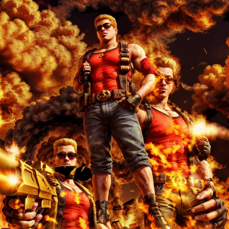 a man posing with a golden gun, hell background, 1boy, <lora:DukeNukem_V1:0.8>