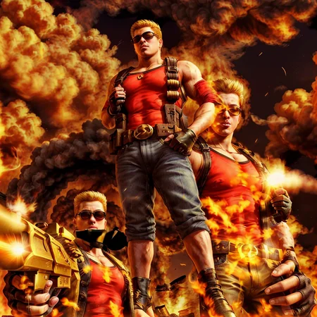 a man posing with a golden gun, hell background, 1boy, <lora:DukeNukem_V1:0.8>